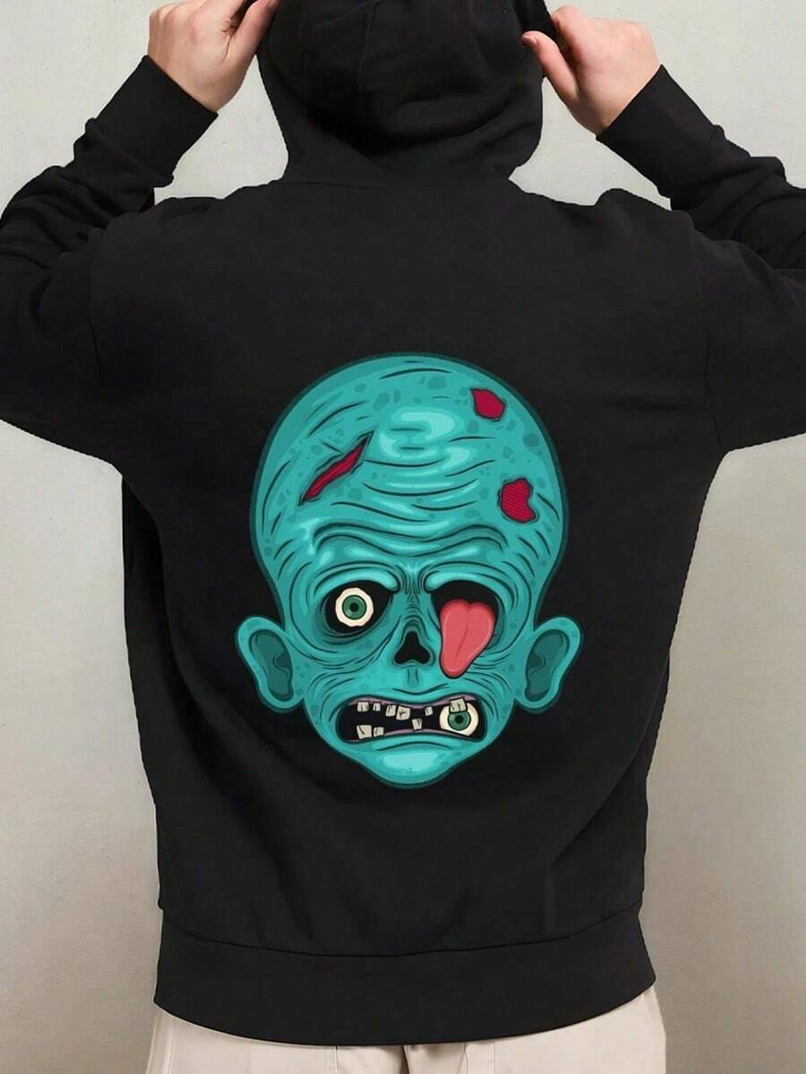 1pc Men'S Funny Spooky Skeleton Graphic Hooded Sweatshirt - Size Black Halloween & Winter Warmth, Casual Streetwear With Back Print Design, Regular Fit Long Sleeve Pullover For Fall & Winter Clot,Fall Hoodies,Men's Fall Clothes,Street Wear,Halloween,Mens Hoodies,Y2k Clothes,Jesus Hoodie,Thanksgiving Day,Nightmare Before Christmas,Christmas - 黑色 - 查看 1