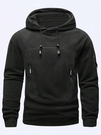 男士户外运动连帽战术卫衣，冬季保暖外套，带口袋，适合户外运动、露营、跑步、骑行和休闲穿着，黑色