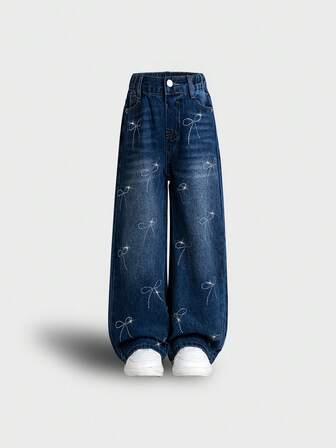 Tween Girl Fashion & Street Style Medium Wash Wide Leg Jeans With Butterfly Rhinestone Decor, Elastic Waist, Loose Fit, Suitable For All Seasons