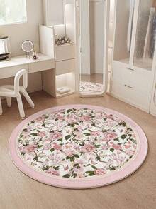 1 Stück rosa runder Wohnzimmerteppich mit gedruckten Blumengruppen, Flaumiges Material mit 10mm Dicke, weich und angenehm anzufühlen, leicht zu pflegen, wasserdicht und fleckabweisend, rutschfeste Rückseite, Teppich geeignet für Lobby, Schlafzimmer, Wohnzimmer, Badezimmer, Küche, Büro, Raumdekoration und Fußmatte, für Feierlichkeiten.