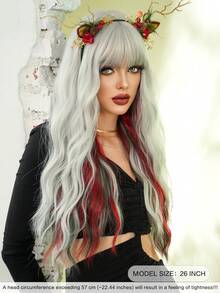 7JHH WIGS Long Wave Gray Highlight Christmas Wigs For Women - Loose Fluffy Wavy Curly Wig With Bangs, Full Machine High Density Synthetic Heat Resistant Fiber Hair, Mix Red & Green Colored Costume Wigs For Cosplay Masquerade Ball & Music Festival Carnival Party Use 26 Inch - 灰色 - 查看 4
