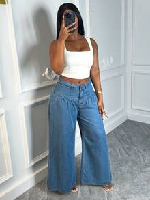 Women's Mid-Rise Solid Light Blue Non-Stretch Wide Leg Jeans - Elegant & Casual For Home Leisure - Medium Wash - View 5