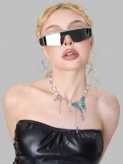 DareSee 1副女士银色平顶一体式水钻镶嵌重金属时尚秀太阳镜牛仔银色眼镜 - 适合派对、角色扮演和送礼，街头太阳镜，沙滩太阳镜，女士沙滩配饰，太阳镜，基础款太阳镜，可搭配毛衣、牛仔裤、运动裤、连帽衫、夹克、连衣裙和长袖衬衫，音乐节，Y2KFest，返校季，秋季，圣诞节，冬季，圣诞礼物