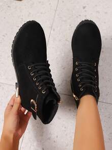 Lace-Up Side Zipper Casual Decorative Buckle Design Versatile Ankle Boots - Black - View 5