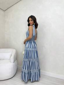15 Striped All-Over Print Ruched Fabric Ruffle Hem Wedding Dresses - Mint Blue - View 2