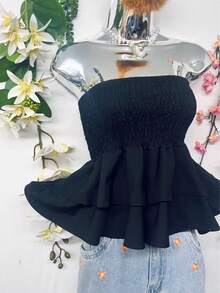T110Cropped Elastic Blouse With Ruffle - 黑色 - 查看 4