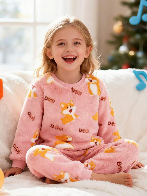 2pcs/Set Young Girl' Cute Puppy Print Long Sleeve Outfit, Spring/Autumn