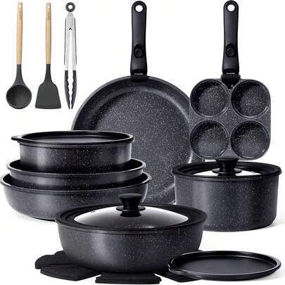  GiPP Pot Set With Removable Handle, 8/15/21-Piece Pan Set With Ceramic Non-Stick Coating,Detachable Handle, With Frying Pans, Saucepans Induction Cooking Pot Set, For All Types Of Cookers