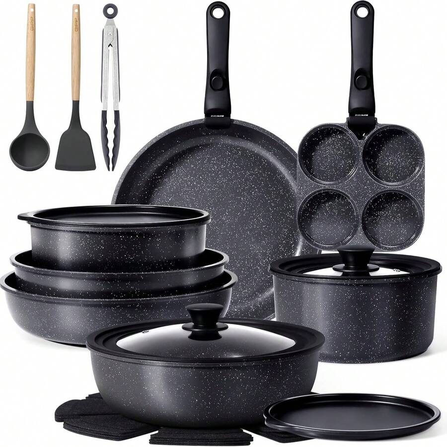 GiPP Pot Set With Removable Handle, 8/15/21-Piece Pan Set With Ceramic Non-Stick Coating,Detachable Handle, With Frying Pans, Saucepans Induction Cooking Pot Set, For All Types Of Cookers - Dark Grey - View 1