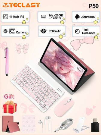 Teclast P50 Neu 11 Zoll Android 15 Tablet (T606 8-Kern, 20GB (8GB+12GB Erweiterung) RAM, 128GB ROM, 1280*800 HD IPS Display, 4G Dual SIM LTE, WLAN, 7000mAh größerer Akku, USB-C Anschluss, 5MP Frontkamera 8MP Rückkamera) mit rosafarbener Tastatur & kabellosem Maus, Mauspad Zubehör-Bundle