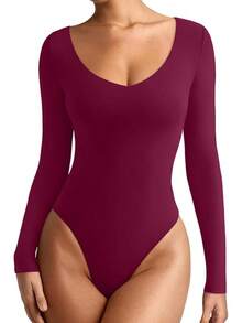 V Neck Long Sleeve Bodysuit - Comfy Double Lined Basic Top - Burgundy - View 1