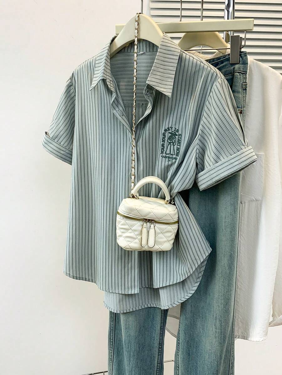 YUXIN Áo sơ mi tay ngắn vai thêu sọc dọc dành cho nữ, thiết kế mùa hè, cổ áo POLO, dáng rộng, thường ngày