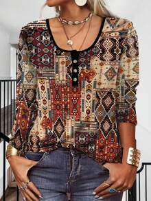 几何印花半扣T恤，休闲春季款 - 棕色 - 查看 2