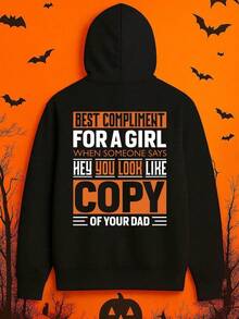 1pc Men'S Funny Best Compliment When Told I Look Like My Dad Graphic Hooded Sweatshirt - Black Polyester Pullover With White Text, Casual Streetwear Hoodie For Halloween, Christmas Gifts & Casual ,Fall Hoodies,Men's Fall Clothes,Street Wear,Halloween,Mens Hoodies,Y2k Clothes,Jesus Hoodie,Thanksgiving Day,Nightmare Before Christmas,Christmas - 黑色 - 查看 1