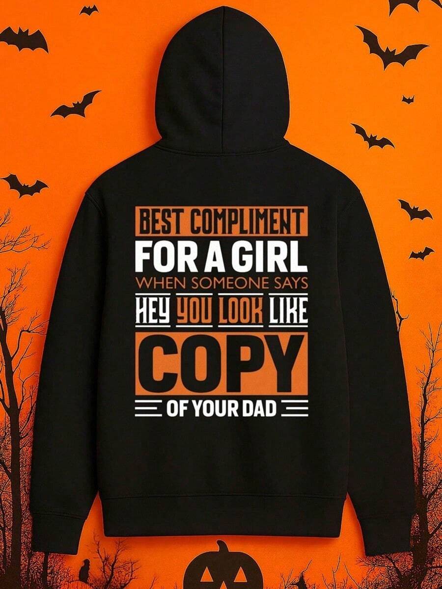 1pc Men'S Funny Best Compliment When Told I Look Like My Dad Graphic Hooded Sweatshirt - Black Polyester Pullover With White Text, Casual Streetwear Hoodie For Halloween, Christmas Gifts & Casual ,Fall Hoodies,Men's Fall Clothes,Street Wear,Halloween,Mens Hoodies,Y2k Clothes,Jesus Hoodie,Thanksgiving Day,Nightmare Before Christmas,Christmas - 黑色 - 查看 1