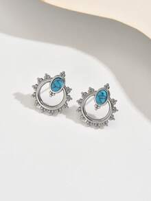 1 Pair Fashionable, Exquisite, And Elegant Hoop Earrings Inlaid With Blue And Green Gemstones, Unique Design With Exotic Charm And Classic Elegance, Suitable For Daily Wear - Yellow Gold - View 7