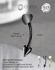 Solid Titanium Eyebrow Rings And Heart Labret Jewelry, 16G - 黑心 - 查看 4