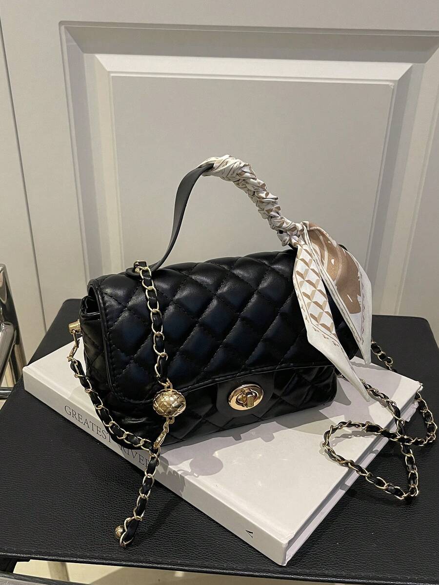 时尚菱形图案手提包，配有链条肩带，多功能单肩包 - 黑色 - 查看 1