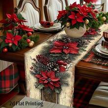 1 pieza Camino de mesa navideño vintage, diseño de flor de Pascua roja con piña y baya, decoración rectangular de lino para fiestas navideñas, de Año Nuevo y de invierno