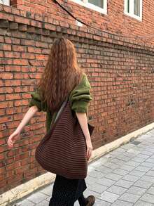 女士钩针手提包针织单肩包，漂亮的包包，可爱又旅行的手提包，日常使用，钩针包，沙滩网眼手提包，购物手提包，休闲旅行手提包，大容量，可折叠便携包，礼盒包装 - 咖啡 - 查看 4