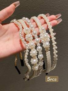 5 件女士仿珍珠侧头带优雅头饰、发带、发箍、发饰头带 - 白色 - 查看 8