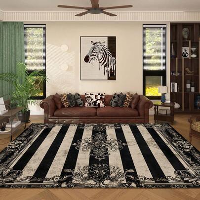 1 pièce Tapis de zone bohème floral rayé élégant et de luxe, 100% polyester, matériau en fausse laine européenne, convient pour le salon, la chambre, le dortoir, l'entrée, le patio, lavable en machine, grande taille décorative toute saison, décoration d'intérieur esthétique