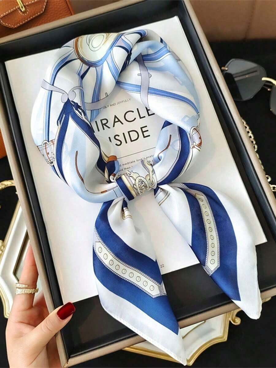 1pc Women's Luxurious Silk Bandana Scarf With Chain Pattern Design, 70x70cm, Elegant Headband, Hair Scarf, Versatile Neck Wrap, Ideal For Daily Wear In Spring, Dressing Up Casual Or Chic Outfits, Stylish Fashion Accessory For Women - 藍色和白色 - 查看 1