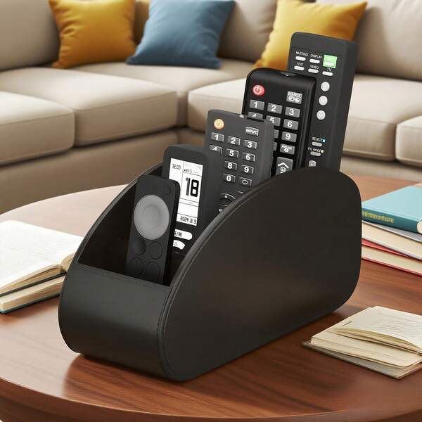 1pc PU Leather Remote Control Holder Organizer With 5 Compartments, Universal Storage Box For TV/DVD/Blu-Ray/Cable Box Controllers, Eyeglasses, Pens, Makeup Brushes, Stationery, Office Supplies, Media Players - Space-Saving Desktop & Drawer Organizer For Living Room, Bedroom, Home Office, Holiday Decor Storage