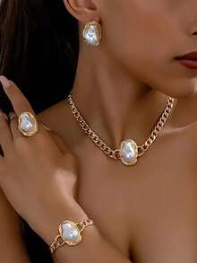 1 Set Barock Perlen Metall Anhänger Y-Kette Set, Vintage einzigartiger Metallstil, hochwertiges Halskette, Armband, Ring - Vintage, elegante flache Perlenkette, geeignet für Hochzeit, Party, Alltag, Urlaubsgeschenk für Frauen