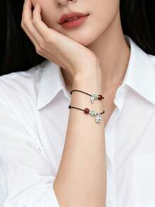 2er Set handgefertigtes einstellbares schwarzes Seil, runde jade-ähnliche Perlen Armband, transparente Textur, minimalistisches Design, einstellbare Länge, ideal für den täglichen Gebrauch, Festivals, Geschenke oder Paar