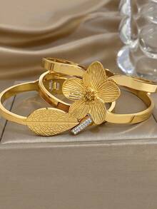 Bộ vòng tay hình lá và hoa thanh lịch mạ vàng 18K bằng thép không gỉ dành cho nữ, quà tặng cho mẹ, Giáng sinh, Lễ tạ ơn, Halloween, Đám cưới, Tiệc tùng/Vũ hội/Phụ kiện hàng ngày, Quà tặng cho ngày kỷ niệm, Ngày lễ tình nhân, Trang sức Boho, Quà tặng sinh nhật, Phù dâu - Nhiều màu - Xem 3
