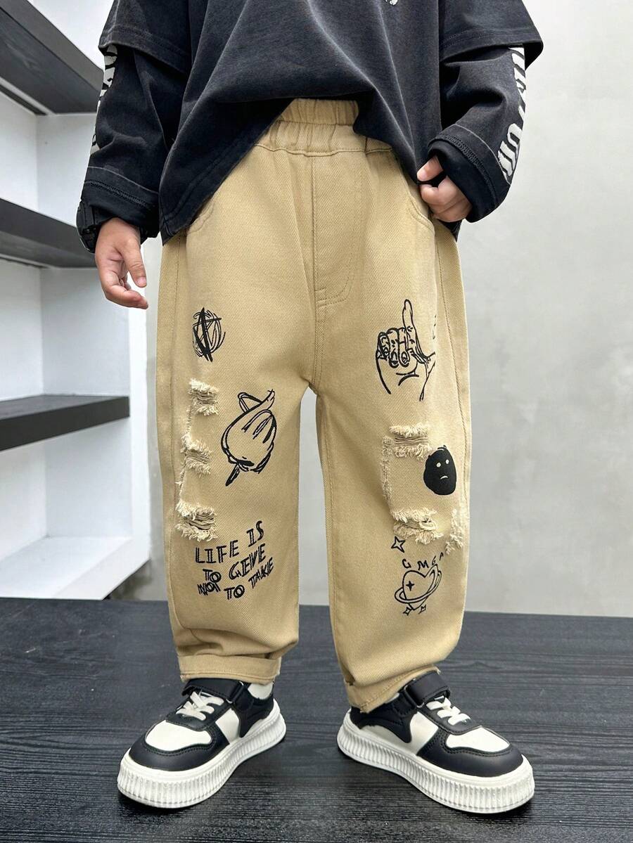 幼儿/小男孩春季破洞涂鸦印花牛仔裤