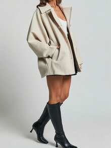 女士优雅米色羊毛混纺防风夹克，简约设计，纽扣前襟 - 杏色 - 查看 8