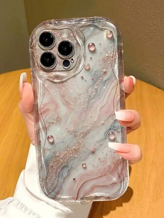 Cream Wavy Edged Glossy Marble Pattern Protective Phone Case