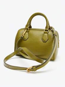 Green PU Leather Boston Bag - Zippered Closure Handbag With Top Handle And Wide Strap, Casual Crossbody Bag, Office Work Tote, Gift For Women - 綠色 - 查看 3