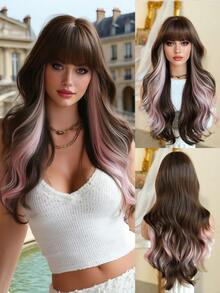 7JHH WIGS Long Wave Brown & Pink Highlight Wigs For Women - Loose Fluffy Wavy Curly Wig With Bangs, Full Machine High Density Synthetic Heat Resistant Fiber Hair Purple Red Wigs For Daily Wear,Halloween Cosplay & Music Festival Party Use 26 Inch - 挑染粉色 - 查看 2