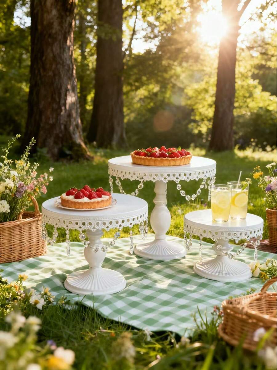 3Pcs Antique Cake Stand Set - Round Metal Cupcake Stands With Pendants And Beads - Elegant Dessert Display, For For Wedding, Birthday Party Decor,Dessert Table Display Set/Food Display Stands/Christmas Decorations For Home/Christmas Decor/Funny Gifts - 白色 - 查看 1