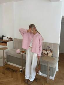 SOOKAUG Gemütlicher, süßer, jugendlicher rosa Strickjacken-Cardigan für Frauen, locker sitzende, vielseitige, weiche Strickoberteil, Herbst/Winter