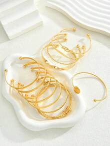 12pcs Vintage Exaggerated Luxurious Geometric Striped Twist Open Design Women's Wide Metal Gold Bangle Bracelet Set, Suitable For Daily Wear, Gift, Stackable - Golden 21 - View 3