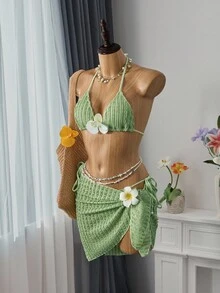 Bellisia 夏季海滩女士纹理露背系带比基尼套装，3 件套 - 綠色 - 查看 1