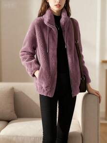 Women's Faux Shearling Fleece Jacket - Full Zip, Soft Warm & Cozy With Functional Pockets | Fall Winter Casual Everyday Wear. Made Of Soft, Faux Fur Fabric With A Drawstring Stand Collar, This Solid-Color Jacket Balances A Sweet, Cool, And Warm Look With An Eye-Catching Yet Understated Style, Making It A Sophisticated Piece To Brighten Up Your Fall And Winter Outfits. Suitable For Everyday Outings, Coffee Shop Visits, And Casual Commutes, It's Comfortable For Both Indoor And Outdoor Wear. - 紫色 - 查看 4