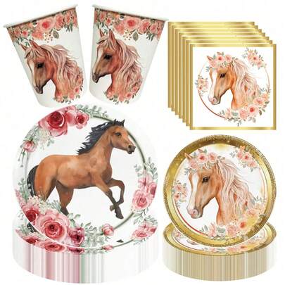 50 件套骑师马主题一次性餐具套装，包括 10 个纸杯、10 个 7 英寸纸盘、10 个 9 英寸纸盘和 20 张纸巾，非常适合露营、露台烧烤、野餐、婚礼、派对和生日，适用于派对装饰、家居装饰、生日装饰、生日派对装饰、返校季、派对用品、粉丝必备派对装饰