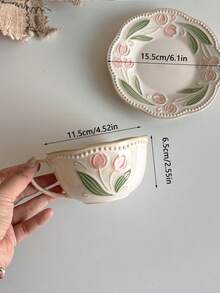 300ml 复古做旧浮雕郁金香咖啡杯碟套装，活性釉花卉陶瓷杯，适合下午茶、早餐杯、牛奶杯、拿铁艺术杯、礼物 - 彩色 - 查看 6