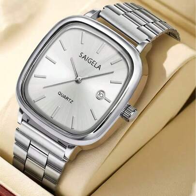 1 件复古简约方形表盘石英表，男女通用可调节不锈钢表链，日常时尚配饰，送礼佳品