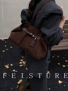 1 件大容量肩带装饰手提包，新款绒面革通勤单肩包，磁扣，适合日常外出、约会、通勤 - 咖啡 - 查看 5