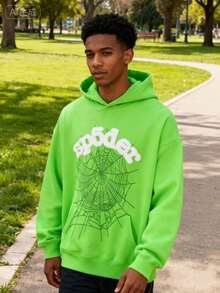 Spider Web Letter Printed Casual Versatile Hoodie Y2k Hoodie Men's Pullover Women's Couple Hoodie Sweatshirt - màu xanh lá - Xem 2