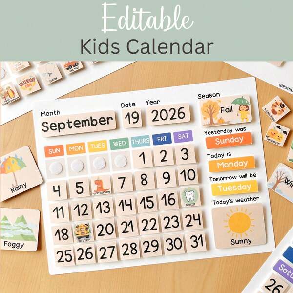 Calendario editables para niños: Aprendizaje imprimible para niños pequeños, decoración de aula preescolar