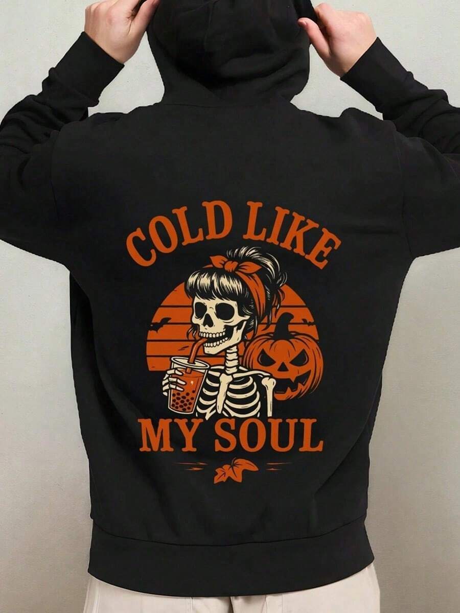 1-Pack Men's Gothic Cold Like My Soul Halloween Hooded Sweatshirt - Oversized Pullover With Spooky Bat, Pumpkin & Skull Graphic, Long Sleeve Casual Hoodie For Costume Parties & Casual Attire,  (1),Fall Hoodies,Men's Fall Clothes,Street Wear,Halloween,Mens Hoodies,Y2k Clothes,Jesus Hoodie,Thanksgiving Day,Nightmare Before Christmas,Christmas - 黑色 - 查看 1