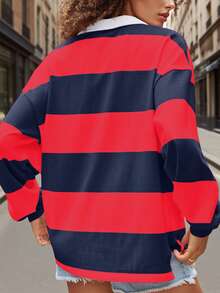 Y2k Women Striped Rugby Polo Shirt Long Sleeve Collared Oversized Vneck Sweatshirt Vintage Jersey Girls Streetwear - 紅木色 - 查看 3