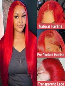 Red 250 Density 13x4 HD Transparent Lace Front Wigs Human Hair Straight Glueless Wigs Human Hair Put On And Go Wig For Women Brazilian Remy Red Colored Bone Straight Lace Frontal Wigs Human Hair With Baby Hair - 紅色 - 查看 4